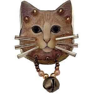 Bonnie Kondor Artisan Mixed-Media Beads Dangle Bell Cat Brooch Pin, Signed K683